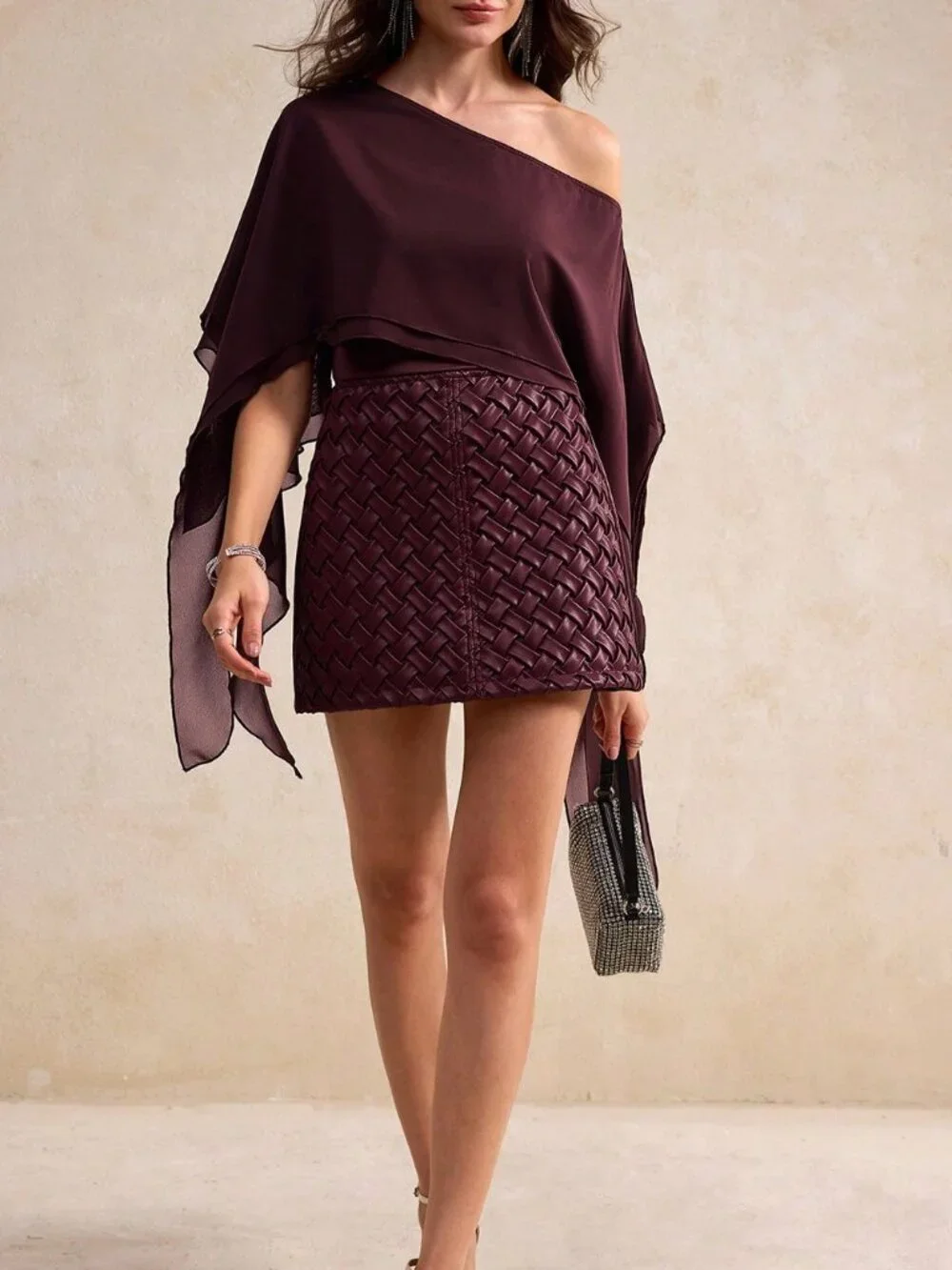 Burgundy Elegant Women's Woven Textured Bodycon Mini Skirt